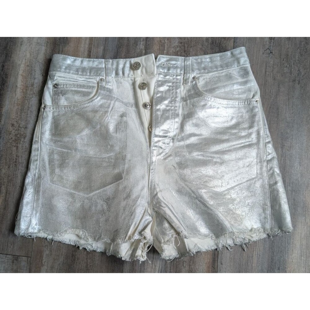 Stradivarius Silver Metallic Denim Jean Shorts Size 6 Destroyed Hem Festival 3"